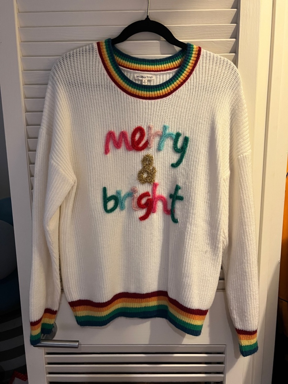 White "Merry & Bright" Rainbow-Trim Sweater